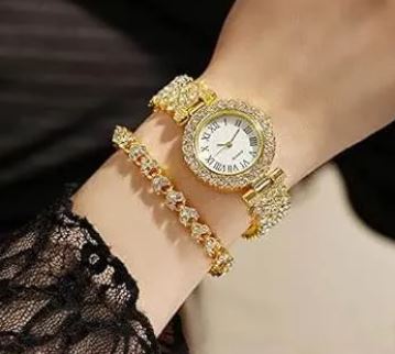 Luxury Diamond Stones Watch with Matching Bracelet – Elegant Gift Set