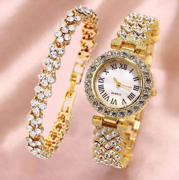 Luxury Diamond Stones Watch with Matching Bracelet – Elegant Gift Set